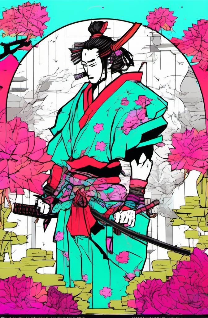 Prompt: Japanese samurai with sword meditation, tori temple background, loto flower color, no edges image