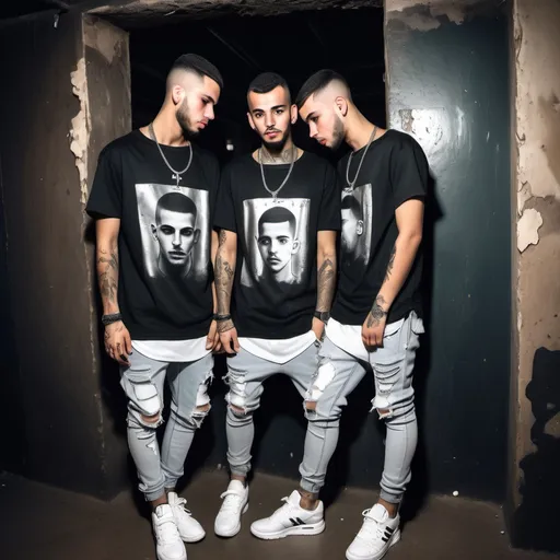 Prompt: Create an image of 2 moroccan chavboys in an extreme gritty underground club in front of a mirror. Hugging. Men as publick in the back. Age 25. Pensive expression. Skin and ink. uppercut fade haircut. Adidas t-shirt. open laced black leather nike airmax TN sneakers. Beefy legs. Ragged skinny jeans with holes. Silver neckless and bracelet. Red cap. Smoke in air. Window with bars. Shot from floor below. Focus on sneakers. Captured with a Canon EOS 5D Mark III, Kodak Portra 400 film. High contrast. Perfect composition. Beautiful detailed intricate insanely detailed octane render trending on artstation. 8k artistic photography. Photorealistic concept art. Soft natural volumetric cinematic perfect light. Chiaroscuro. Award-winning photograph. Masterpiece. Oil on canvas. Raphael. Caravaggio. Greg Rutkowski. Beeple. Beksinski. Giger.