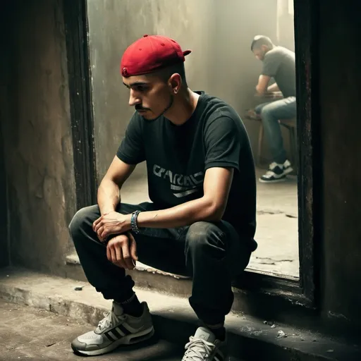 Prompt: Create an image of A moroccan chavboy in an extreme gritty underground club in front of a mirror. Men as publick in the back. Age 25. Pensive expression. Skin and ink. uppercut fade haircut. Adidas t-shirt. open laced black leather nike airmax TN sneakers. Beefy legs. Ragged skinny jeans with holes. Silver neckless and bracelet. Red cap. Smoke in air. Window with bars. Shot from floor below. Focus on sneakers. Captured with a Canon EOS 5D Mark III, Kodak Portra 400 film. High contrast. Perfect composition. Beautiful detailed intricate insanely detailed octane render trending on artstation. 8k artistic photography. Photorealistic concept art. Soft natural volumetric cinematic perfect light. Chiaroscuro. Award-winning photograph. Masterpiece. Oil on canvas. Raphael. Caravaggio. Greg Rutkowski. Beeple. Beksinski. Giger.