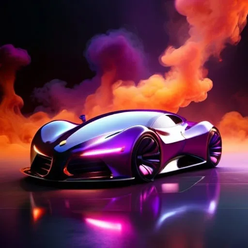 Prompt: Metallic concept car with hot, smoky ambiance, futuristic 3D rendering, sleek and shiny design, intense purple and black tones, billowing smoke adding drama, high quality, futuristic, metallic, shiny, sleek design, intense red and orange, smoky ambiance, 3D rendering, dramatic, futuristic lighting