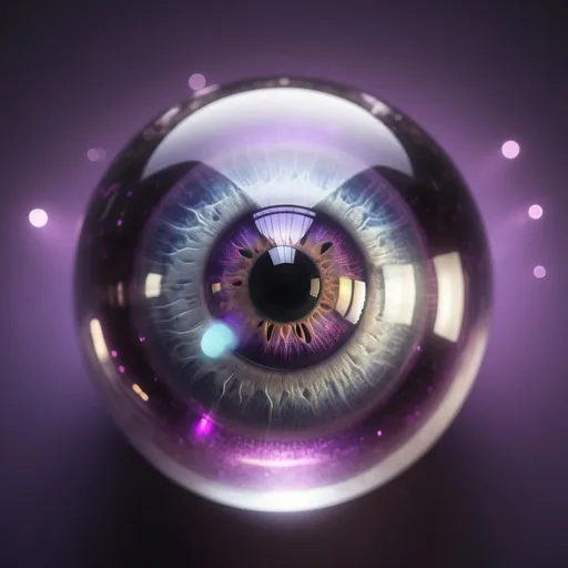 Prompt: Translucent and luminous glass eyeball, with a purple glow and sparkles high quality, detailed, surreal, hyper-realistic, cool tones, ethereal lighting