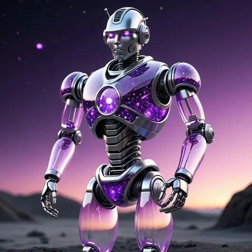 Prompt: Cosmic glass android robot human characteristics made of glass standing on a planet  translucent and luminous hyperrealism intricate detail with purple.  glow and silver 