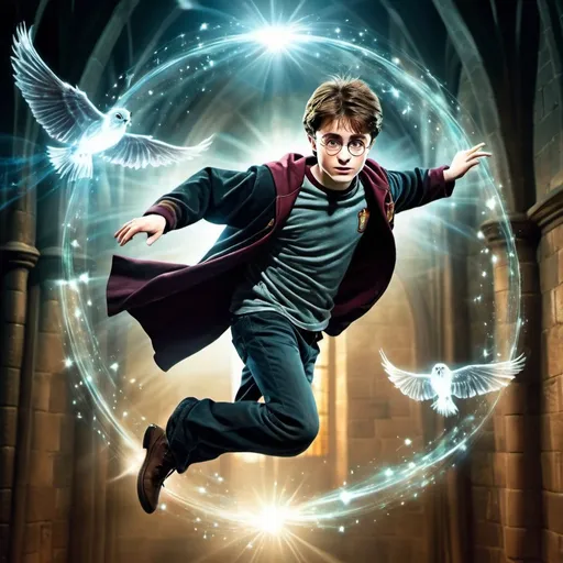 Prompt: Harry potter flying in magical background centered translucent and luminous 