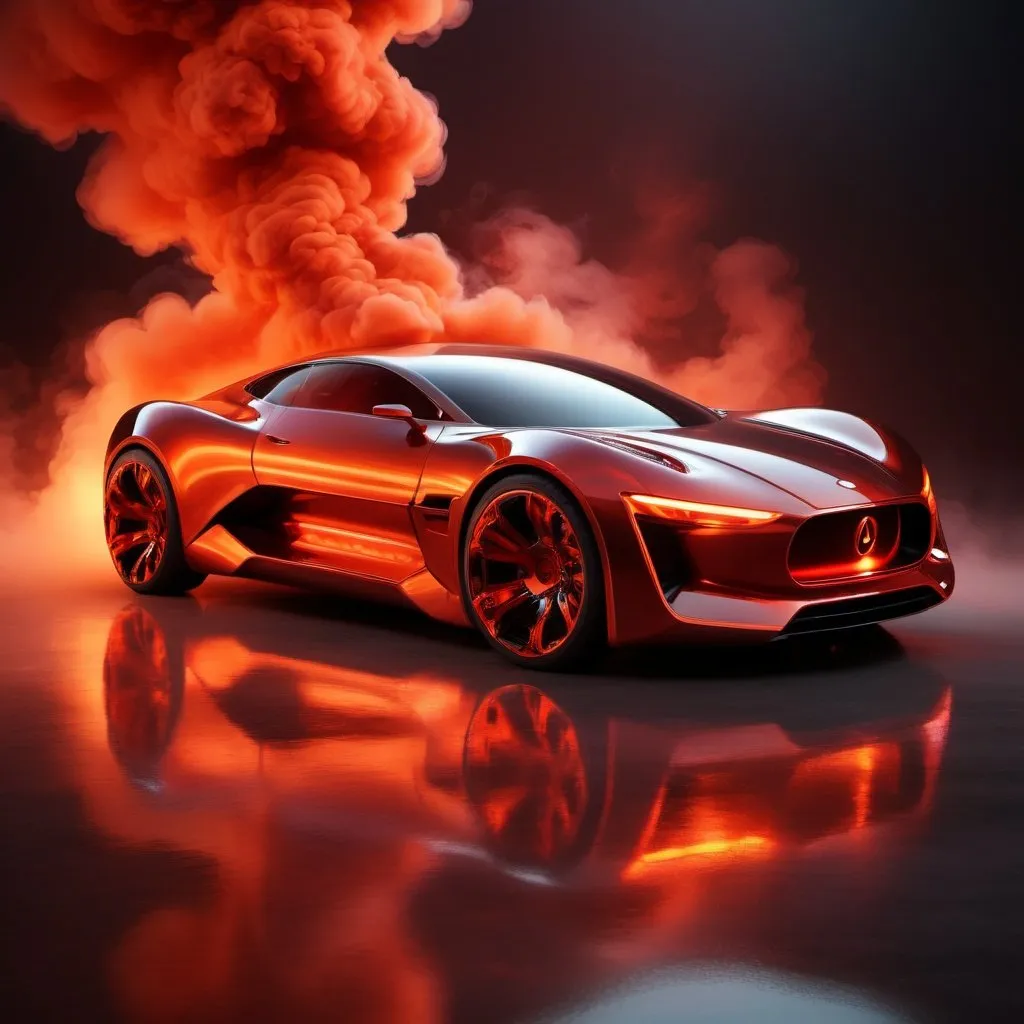 Prompt: Metallic concept car with hot, smoky ambiance, futuristic 3D rendering, sleek and shiny design, intense red and orange tones, billowing smoke adding drama, high quality, futuristic, metallic, shiny, sleek design, intense red and orange, smoky ambiance, 3D rendering, dramatic, futuristic lighting