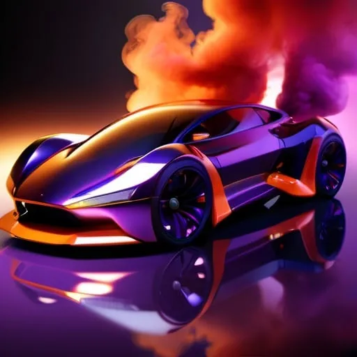 Prompt: Metallic concept car with hot, smoky ambiance, futuristic 3D rendering, sleek and shiny design, intense purple and orange tones, billowing smoke adding drama, high quality, futuristic, metallic, shiny, sleek design, intense red and orange, smoky ambiance, 3D rendering, dramatic, futuristic lighting