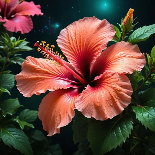 Prompt: Beautiful hibiscus flower, vibrant colors, tropical setting, detailed petals, high quality, realistic, vibrant, tropical, detailed petals, lush greenery, in outerspace 