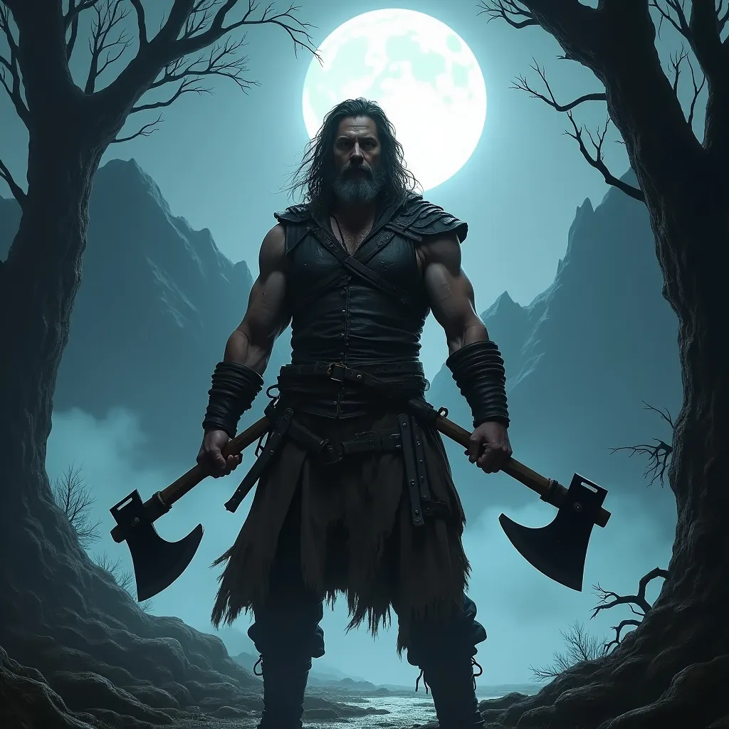 Prompt: Scene Description:

Setting: A dark fantasy forest illuminated by a bright full moon, with twisted trees and mist creeping along the ground. Towering mountains rise in the background, their peaks obscured by swirling fog.

Hero: A male hero, resembling a rugged carpenter, stands prominently in the foreground. He wears sleeveless leather armor that emphasizes his muscular build, paired with simple, sturdy trousers. Long, tousled hair frames his weathered face. In each hand, he grips a large double-headed axe, while three sharp chisels are strapped to his belt, ready to be thrown. The moonlight glints off his weapons, enhancing his fierce appearance.

Atmosphere: The forest is thick with shadows and an eerie silence, the full moon casting sharp contrasts that highlight the hero’s readiness for battle, creating an intense and adventurous mood.