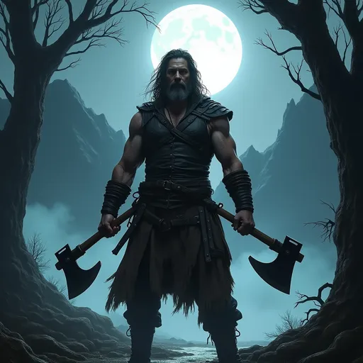 Prompt: Scene Description:

Setting: A dark fantasy forest illuminated by a bright full moon, with twisted trees and mist creeping along the ground. Towering mountains rise in the background, their peaks obscured by swirling fog.

Hero: A male hero, resembling a rugged carpenter, stands prominently in the foreground. He wears sleeveless leather armor that emphasizes his muscular build, paired with simple, sturdy trousers. Long, tousled hair frames his weathered face. In each hand, he grips a large double-headed axe, while three sharp chisels are strapped to his belt, ready to be thrown. The moonlight glints off his weapons, enhancing his fierce appearance.

Atmosphere: The forest is thick with shadows and an eerie silence, the full moon casting sharp contrasts that highlight the hero’s readiness for battle, creating an intense and adventurous mood.