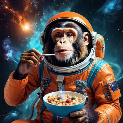 Prompt: Tiger smoking in space with a monkey holding his hand eating cereal, digital art, cosmic background with stars and galaxies, ultra-detailed fur with vibrant orange and black tones, space suit with futuristic design, smoking a pipe, relaxed expression, monkey with playful demeanor, floating cereal loops, highres, digital art, cosmic, vibrant colors, detailed fur, playful, space, futuristic, relaxed expression, cosmic background, atmospheric lighting