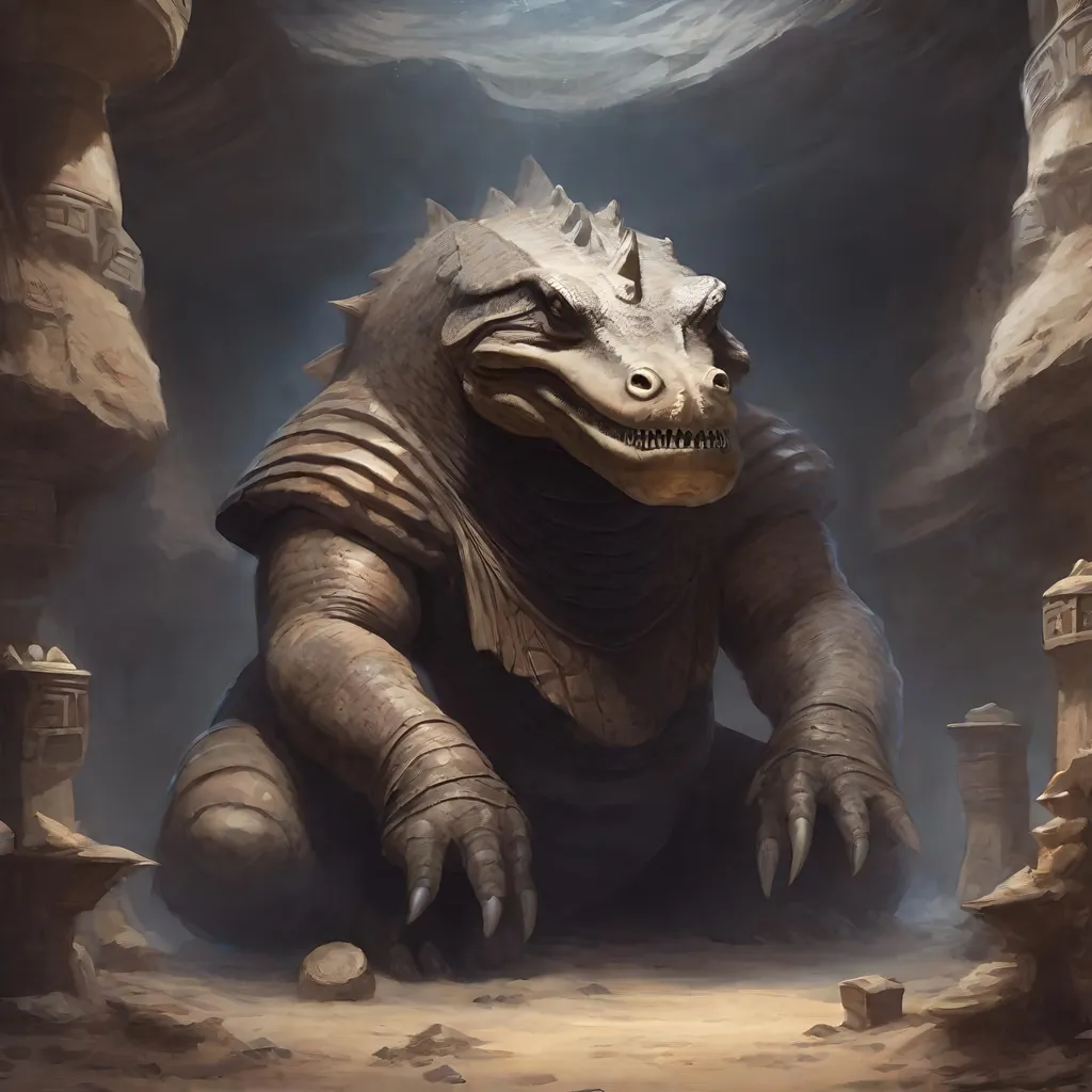 Prompt: colossal sobek egypt god, in a cavern filled with moss and huge mushrooms, dark phantasy world, sand, cave, abyss, eerie, mysterious, dungeons and dragons, satring tiny travellers, magic the gathering
