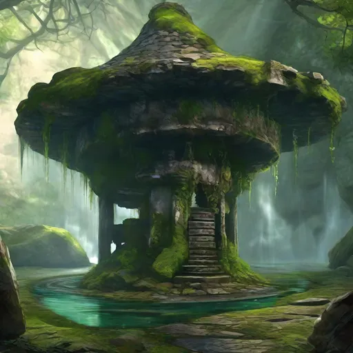 Prompt: deep magic water well embeded in the ground, moss floor, darkness, infinite darkness, fungi, mold, rock, dungeons and dragons, dark phantasy world, huge structures, travelers investigating, mistery