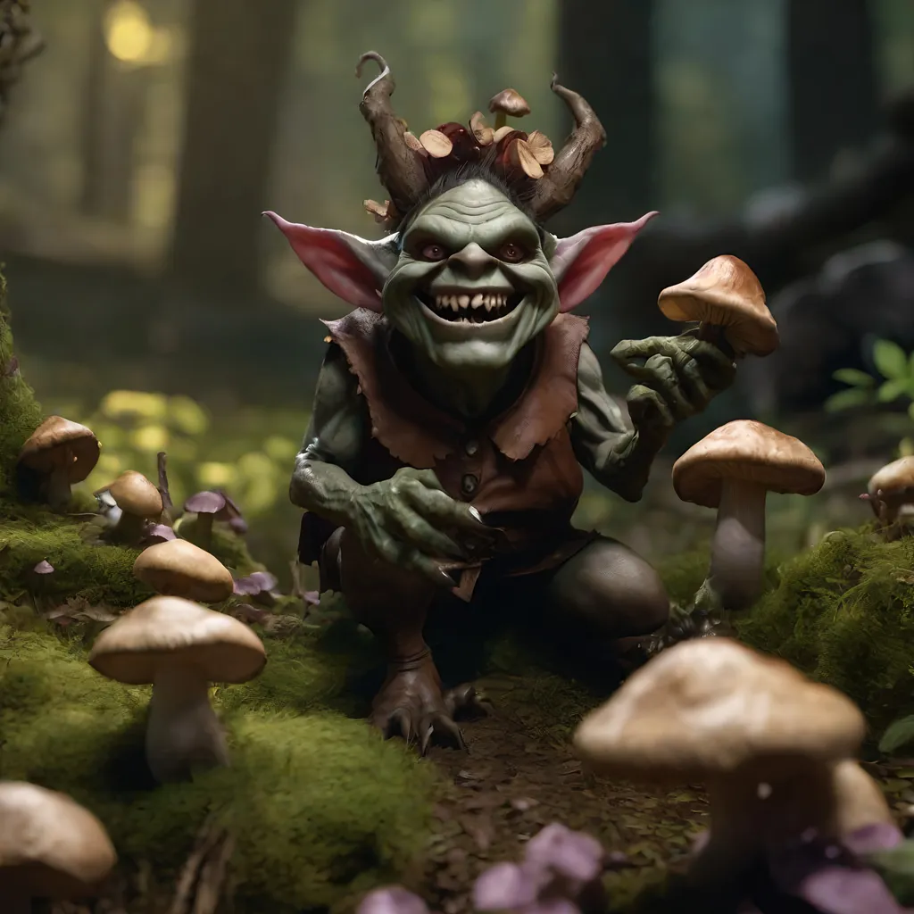 Prompt: happy dark goblin fey creature with mushrooms, phantasy world,, photo real, 4k, realistic, ogre, dungeons and dragons, karl kopinski, greg rutwoski