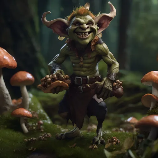 Prompt: happy dark goblin fey creature with mushrooms, phantasy world,, photo real, 4k, realistic, ogre, dungeons and dragons, karl kopinski, greg rutwoski