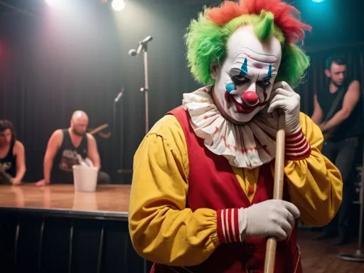 Prompt: A sad drunken clown performing onstage with a full band with a janitor mopping up in front on the dance floor and no audience