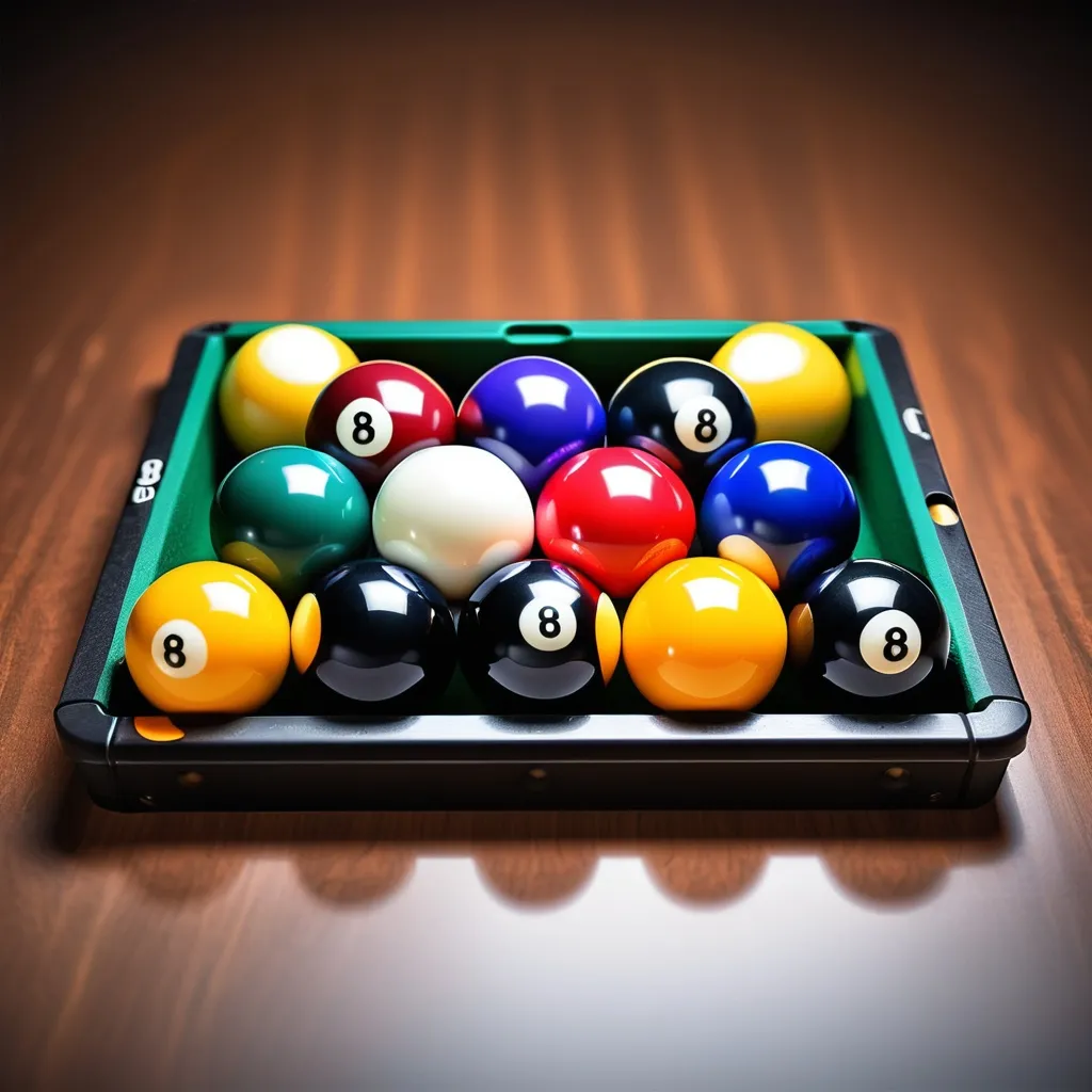 Prompt: Create an image of a billiards 9-ball rack of billiards balls and 8-ball rack of billiards balls that are scattered throughout the image