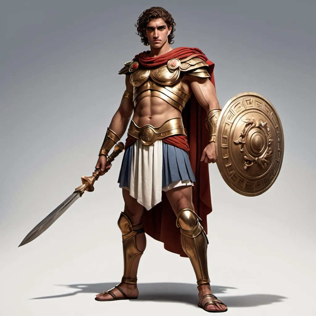 Prompt: Hector from greek mythology who wears a battle combat outfit whole body