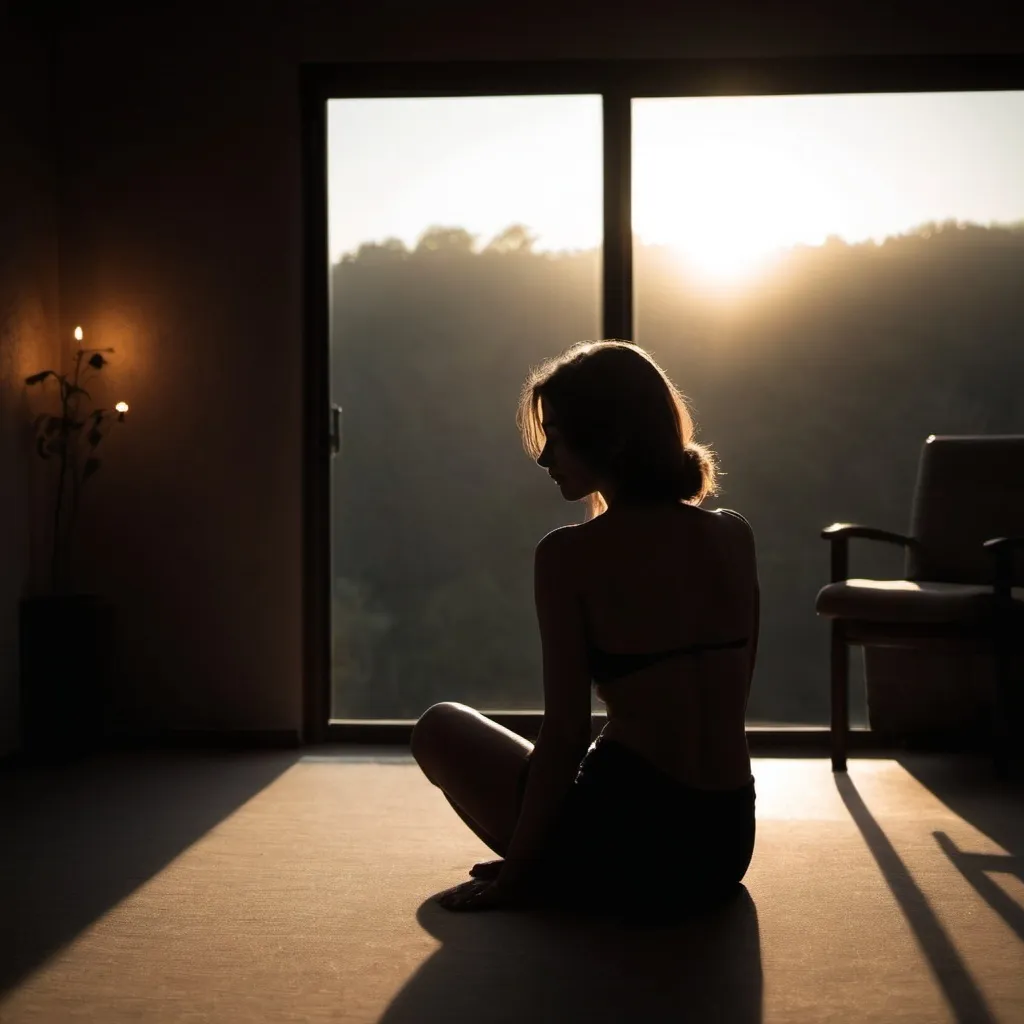 Prompt: A femenine silhoutte in a relaxing enviroment with a soft light 
