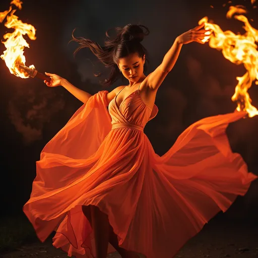 Prompt: (tall beautiful young woman dancing with fire), (dynamic pose), vibrant flames, ethereal lighting, whimsical and magical atmosphere, flowing dress, intricate movements, dramatic shadows, captivating expression, surreal ambiance, warm color tones, high depth, ultra-detailed, enchanting scene, emphasizing the beauty of movement and fire, enchanting backdrop.