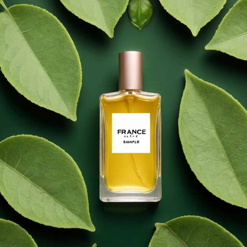 Prompt: Fragrance cover picture with the name fragrancesample. in the background leaves