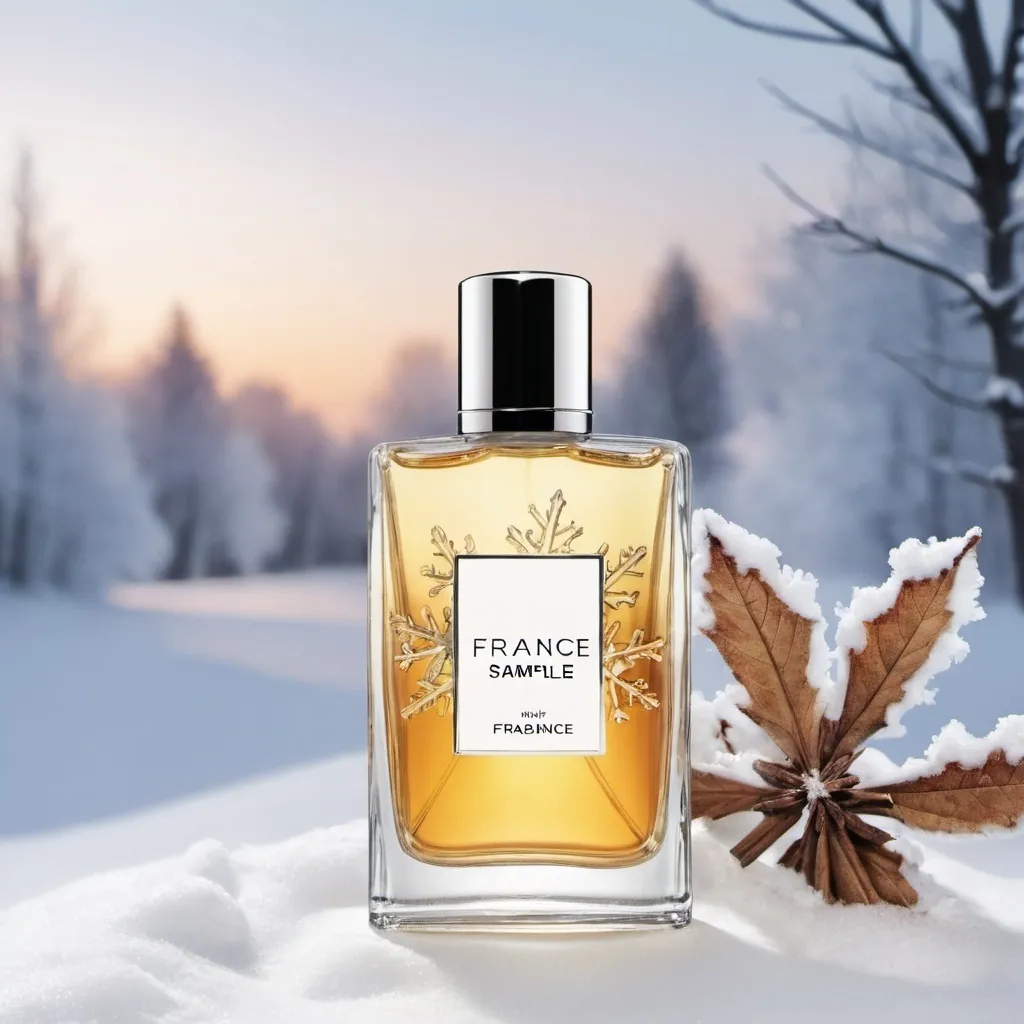 Prompt: Fragrance cover picture with the name fragrancesample. in the background winter