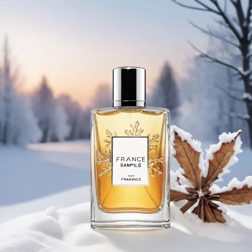 Prompt: Fragrance cover picture with the name fragrancesample. in the background winter