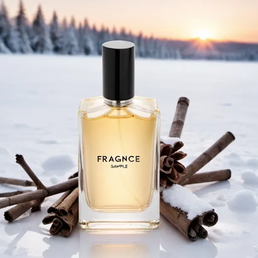 Prompt: Fragrance cover picture with the name fragrancesample. in the background winter