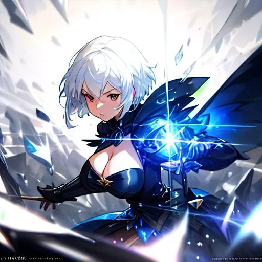 Prompt: gorgeous Valkyrie gwendolyn Launching a devastating attack, (odin sphere style), perfect composition, short white hair, shattered glass, hugeboobs, huge cleavage, <<glare>>, hyper realistic, masterful acrylic+watercolor horror art, ($3d basic cartoon characteristics$), ((sharp focus, moderate detailed, glistening, unreal engine 5, video game particle effects, txaa))