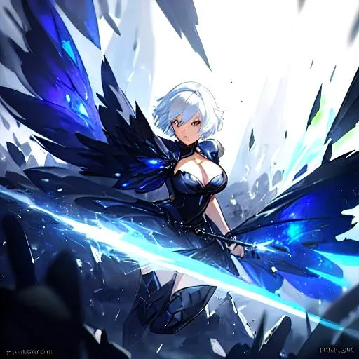 Prompt: gorgeous Valkyrie gwendolyn Launching a devastating attack, (odin sphere style), perfect composition, short white hair, shattered glass, hugeboobs, huge cleavage, <<glare>>, hyper realistic, masterful acrylic+watercolor horror art, ($3d basic cartoon characteristics$), ((sharp focus, moderate detailed, glistening, unreal engine 5, video game particle effects, txaa))