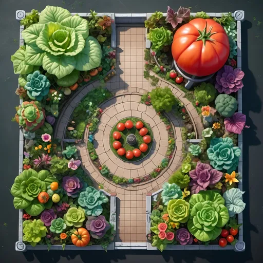 Prompt: A top-down map of a fantasy fairy garden with a central professional wrestling ring, 2d dnd battlemap, highly details, 8k with huge vegetables, fruits, and flowers. A giant tomato and head of lettuce