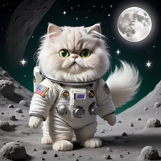 Prompt: Luna, a very chubby and fluffy Persian cat with long white fur and green eyes, always dreamed of going to the moon. One night, her wish came true! She found herself in a tiny spacesuit, inside a spaceship heading to the moon.

When the spaceship landed, Luna took her first steps on the moon's soft, gray surface, leaving little paw prints behind. She floated and bounced around, exploring craters and chasing moonbeams.

Luna made new friends like moon bunnies and star foxes. She even met a wise old moon owl who told her stories about the stars.

Join Luna on her fun adventure as she explores the moon and discovers that dreams can come true. "Luna the Chubby Cat's Moon Adventure" is a simple and magical story about curiosity and believing in the impossible.