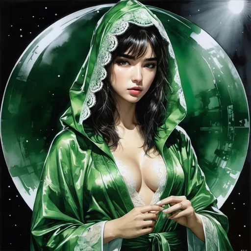 Prompt: (((Yoji Shinkawa))), sticker of an ultra-detailed portrait of Dua Lipa wearing (green lace hooded fortuneteller robe), high-quality cell-shaded illustration in post-apocalyptic style by Yoji Shinkawa, ((full body)), green skin, large crystal ball, dynamic pose, perfect anatomy, freedom, soul, approach to perfection, cell shading, 4k, cinematic, dramatic atmosphere, watercolor painting, global illumination, detailed and intricate environment, wartorn background, concept art, fluid and sharp focus, volumetric lighting, cinematic lighting, Art by Yoji Shinkawa,