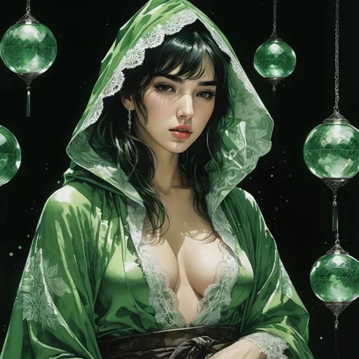 Prompt: (((Yoji Shinkawa))), sticker of an ultra-detailed portrait of Dua Lipa wearing (green lace hooded fortuneteller robe), high-quality cell-shaded illustration in post-apocalyptic style by Yoji Shinkawa, ((full body)), green skin, large crystal ball, dynamic pose, perfect anatomy, freedom, soul, approach to perfection, cell shading, 4k, cinematic, dramatic atmosphere, watercolor painting, global illumination, detailed and intricate environment, wartorn background, concept art, fluid and sharp focus, volumetric lighting, cinematic lighting, Art by Yoji Shinkawa,