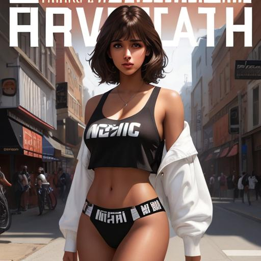 Prompt: hip hop magazine cover - full body
Naomi Scott, 26 years old, brown hair, happy, parted bangs, brown eyes, ethereal, urban clothing, wild hair, royal vibe, highly detailed, digital painting, Trending on artstation , HD quality, tan skin, Big Eyes,artgerm, by Ilya Kuvshinov