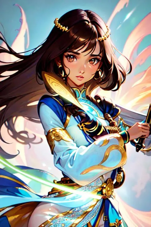 Prompt: (masterpiece, illustration, best quality:1.2), Naomi Scott holding a magic sword, solo, tan skin, toned body, stray hairs, calm demeanor, vibrant brown eyes, vibrant brown hair, bright brown hair, brown hair, long side fringe, beautiful white hair tips, wearing beautifully detailed tribal cueitl, finely detailed,  detailed face, toned face, beautiful detailed eyes, beautifully detailed very generous attractive body, beautiful detailed legs, detailed jewelry, attractive look, attractive pose, beautiful detailed shading, beautifully detailed tribal village background, fantasy background, sharp focus, absurdres, highres, cinematic lighting, street photography, macro detailed shading, smooth soft detailed skin, {{hyper detailed}}, photo realistic, {{{masterpiece}}}, glowing light, detailed background, hair between eyes, dynamic angle, library, 4K, HDR, perfect eyes