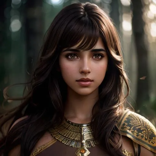 Prompt: portrait of Brown Hair Beautiful naomi scott with Air Magic, parted bangs, Elegant, Romantic, as a tribal warrior, HDR, full body, High Definition, cinematic,  dynamic light, hyperrealism, definition, glowing eyes, facial symmetry  by Ilya Kuvshinov