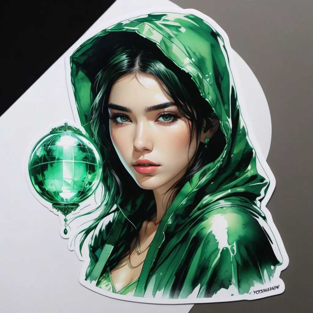 Prompt: (((Yoji Shinkawa))), sticker of an ultra-detailed portrait of Dua Lipa as  fortuneteller (green skin) wearing (green hooded battle mage dress), high-quality cell-shaded illustration in post-apocalyptic style by Yoji Shinkawa, green skin, large crystal ball, dynamic pose, perfect anatomy, freedom, soul, approach to perfection, cell shading, 4k, cinematic, dramatic atmosphere, watercolor painting, global illumination, detailed and intricate environment, wartorn background, concept art, fluid and sharp focus, volumetric lighting, cinematic lighting, Art by Yoji Shinkawa,