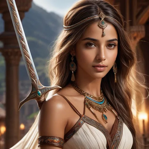 Prompt: (masterpiece, illustration, best quality:1.2), Naomi Scott holding a magic sword, solo, tan skin, toned body, stray hairs, calm demeanor, vibrant brown eyes, vibrant brown hair, bright brown hair, brown hair, long side fringe, beautiful white hair tips, wearing beautifully detailed tribal cueitl, finely detailed,  detailed face, toned face, beautiful detailed eyes, beautifully detailed very generous attractive body, beautiful detailed legs, detailed jewelry, attractive look, attractive pose, beautiful detailed shading, beautifully detailed tribal village background, fantasy background, sharp focus, absurdres, highres, cinematic lighting, street photography, macro detailed shading, smooth soft detailed skin, {{hyper detailed}}, photo realistic, {{{masterpiece}}}, glowing light, detailed background, hair between eyes, dynamic angle, library, 4K, HDR, perfect eyes