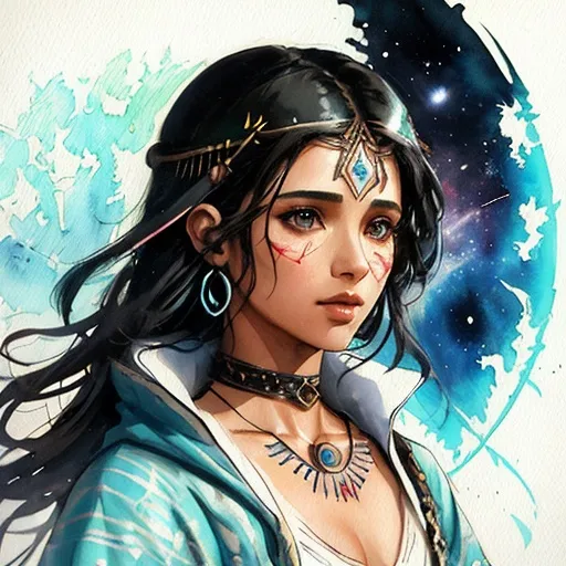 Prompt: Sticker of Naomi Scott from Lord of the Rings, half body visible, choker, tribal wardress, comic style, Spaceships, Kim Jung Gi, soul, digital illustration, perfect anatomy, centered, approaching perfection, dynamic, highly detailed, watercolor painting, artstation, concept art, smooth, sharp, focus, illustration, art by Carne Griffiths and Wadim Kashin,