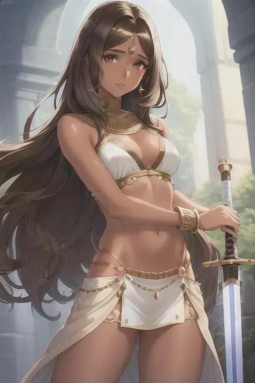 Prompt: (masterpiece, illustration, best quality:1.2), Naomi Scott holding a magic sword, solo, tan skin, toned body, stray hairs, calm demeanor, vibrant brown eyes, vibrant brown hair, bright brown hair, brown hair, long side fringe, beautiful white hair tips, wearing beautifully detailed tribal cueitl, finely detailed,  detailed face, toned face, beautiful detailed eyes, beautifully detailed very generous attractive body, beautiful detailed legs, detailed jewelry, attractive look, attractive pose, beautiful detailed shading, beautifully detailed tribal village background, fantasy background, sharp focus, absurdres, highres, cinematic lighting, street photography, macro detailed shading, smooth soft detailed skin, {{hyper detailed}}, photo realistic, {{{masterpiece}}}, glowing light, detailed background, hair between eyes, dynamic angle, library, 4K, HDR, perfect eyes