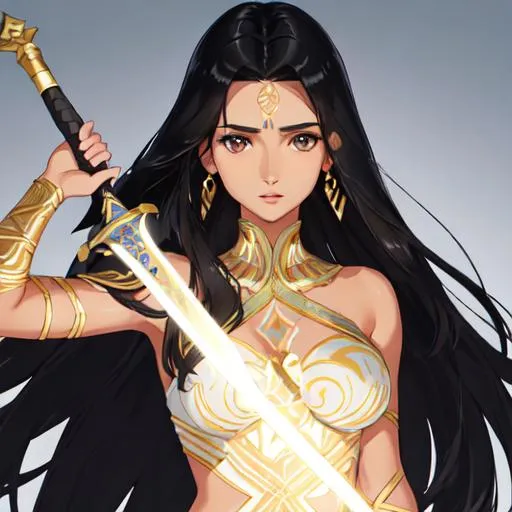 Prompt: 1woman, Naomi Scott, head and shoulders portrait, Long Black hair with brown eyes and brown skin | Armor | Average tan Body, wearing tribal cueitl, castle background, holding a magical sword, ultra-fine details, intricate scene, ambient lighting, soft glow, elegant, symmetrical facial features, accurate anatomy, anatomically correct woman, sharp focus, dark fantasy cgi still, artgerm, taken on nikon d750, scenic, gossamer, iridescent, ethereal, auroracore, vaporwave, splash art, pixiv, tumblr, Unreal Engine , Art by Ilya Kuvshinov