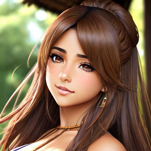 Prompt: ull body semi-realistic anime girl, Naomi Scott, skin highlights, hair highlights, long brown hair, wearing tribal cueitl, blushing, tribal village background, adult researcher, glamour, cleavage, tan skin wonderful face, very detailed face, extremely detailed face, highly detailed face, soft smile, happy, perfect face, perfect eyes, perfect teeth, perfect body, perfect anatomy, beautiful body, trending on instagram, trending on tiktok, trending on artstation, trending on cgsociety, white sclera, photorealistic, masterpiece, cinematic, 16k artistic photography, epic, drama, romance, glamour, beauty, cinematic lighting, dramatic lighting, insanely detailed, soft natural volumetric cinematic lighting, award-winning photography, rendering, hd, high definition, highly detailed