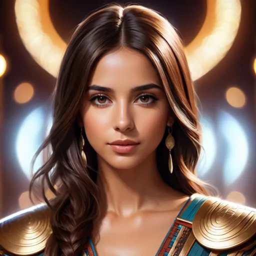 Prompt: portrait of Brown Hair Beautiful naomi scott with Air Magic, parted bangs, Elegant, Romantic, as a tribal warrior, HDR, full body, High Definition, cinematic,  dynamic light, hyperrealism, definition, glowing eyes, facial symmetry  by Ilya Kuvshinov