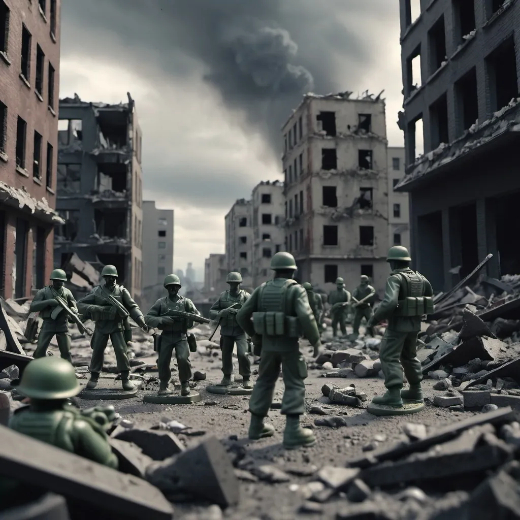 Prompt: Toy army men in a destroyed city 