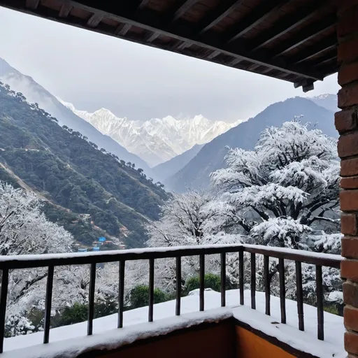 Prompt: SNOWFALL HIMALAYAN VIEW FROM BALCONY


