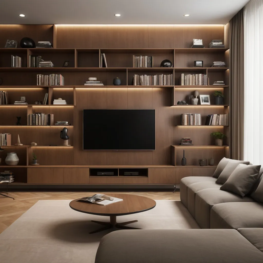 Prompt: Please design a simple tv wall without bookshelf.