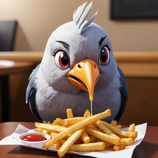 Prompt: anime bird eating fries

