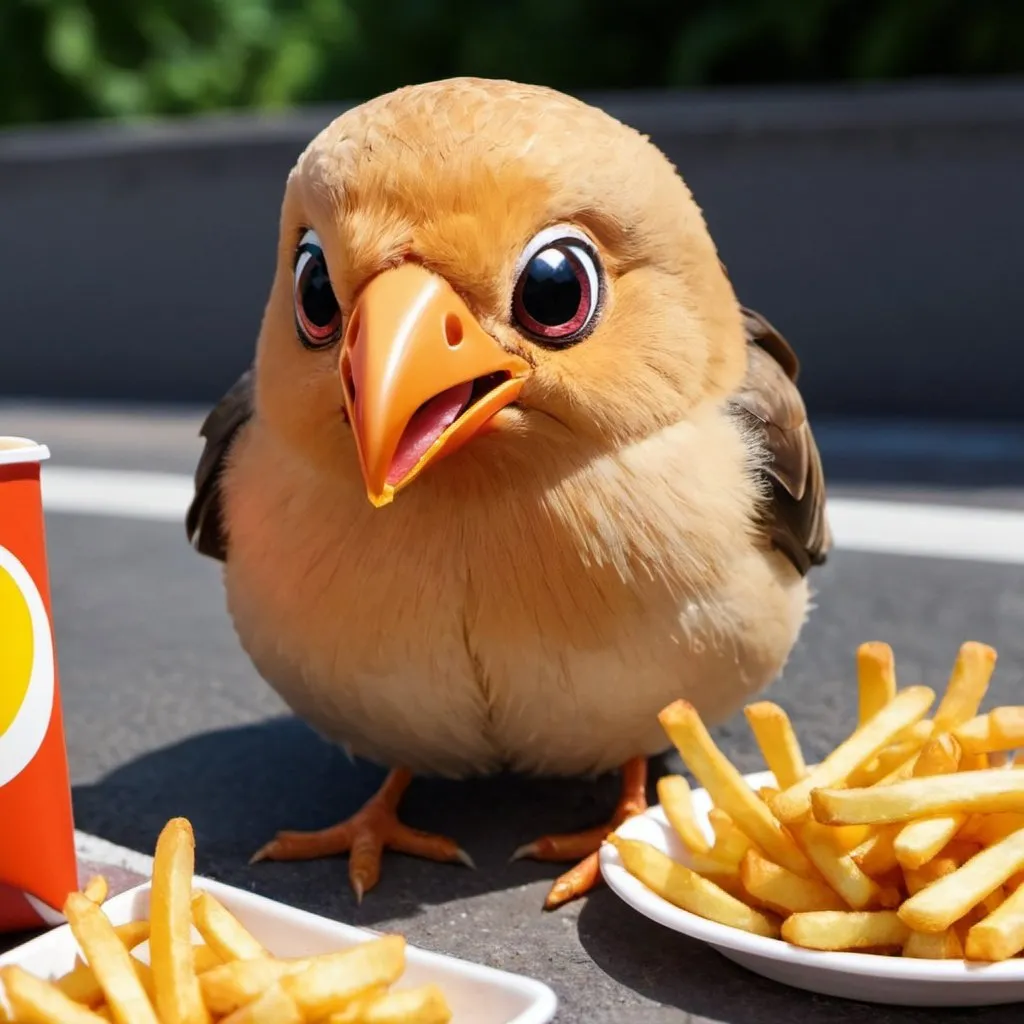 Prompt: anime bird eating fries

