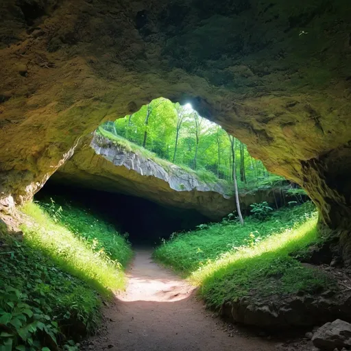 Prompt: A cave in green beautiful forest