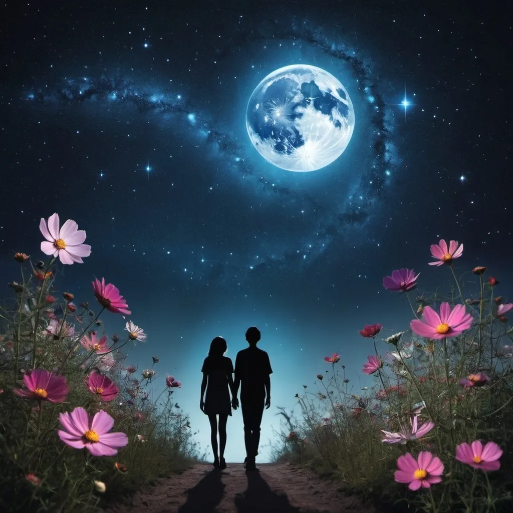 Prompt: In night cosmos 2 souls wandering for peace and love