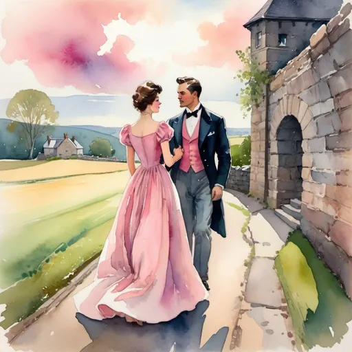 Prompt: A beautiful woman in a pink, 1900's era dress walking with a handsome man in a tail coat by a stone wall in the Irish countryside, gouache watercolor